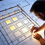 **Architect reviewing detailed blueprints under bright construction site lighting.** (Focus: Blueprint Interpretation)