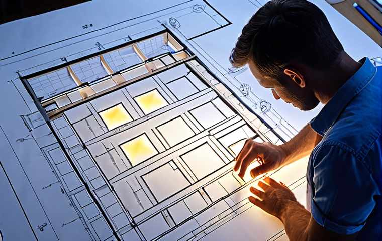 **Architect reviewing detailed blueprints under bright construction site lighting.** (Focus: Blueprint Interpretation)