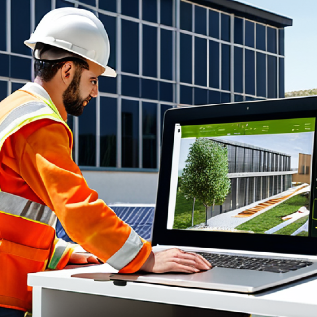 **

> A diverse construction team collaborating on a sustainable building project in Madrid. Focus on the architectural details of the building, incorporating solar panels and green spaces. Emphasize teamwork and modern construction techniques with BIM software on a laptop in the foreground.

**