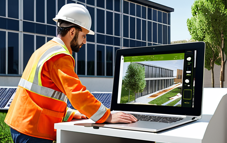 **
> A diverse construction team collaborating on a sustainable building project in Madrid. Focus on the architectural details of the building, incorporating solar panels and green spaces. Emphasize teamwork and modern construction techniques with BIM software on a laptop in the foreground.
**