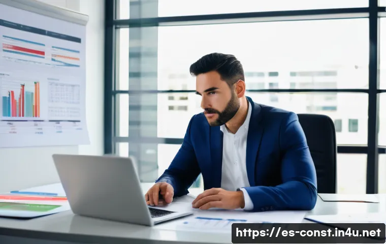 시공 전문가가 알아야 할 세금 상식 - A professional Spanish construction manager sitting at a modern office desk, surrounded by organized...