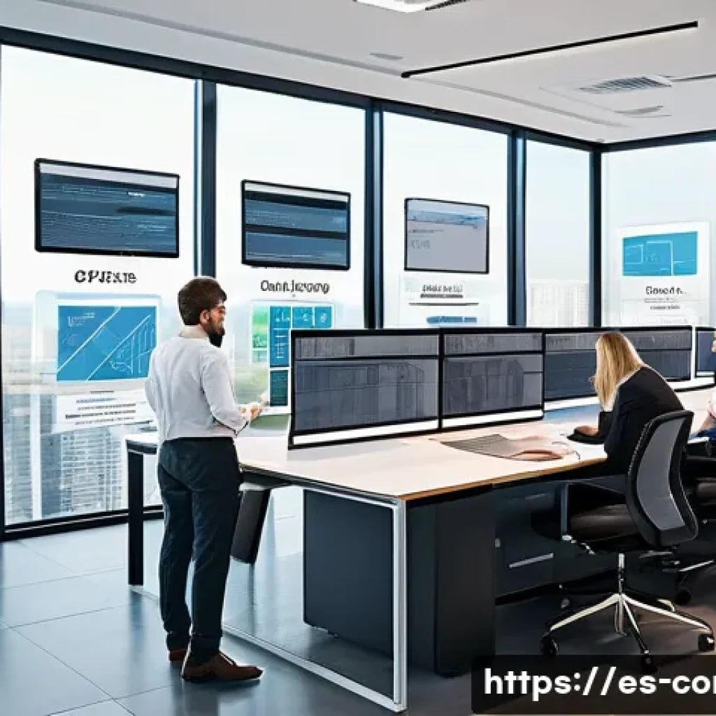 건설 현장에서의 문서 관리 노하우 - A modern construction site office with diverse professionals collaborating around a large digital to...