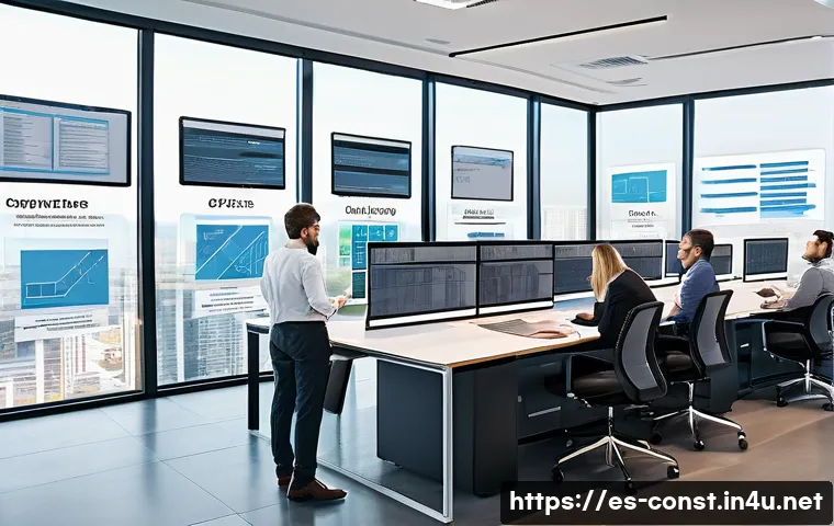 건설 현장에서의 문서 관리 노하우 - A modern construction site office with diverse professionals collaborating around a large digital to...