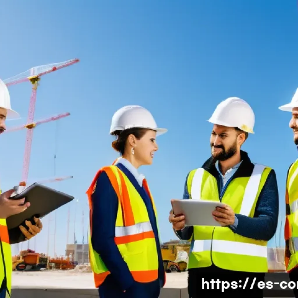 건축 시공 현장에서의 협업 문화 - A vibrant construction site in a sunny urban area in Spain, featuring a diverse team of workers and ...