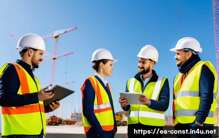 건축 시공 현장에서의 협업 문화 - A vibrant construction site in a sunny urban area in Spain, featuring a diverse team of workers and ...