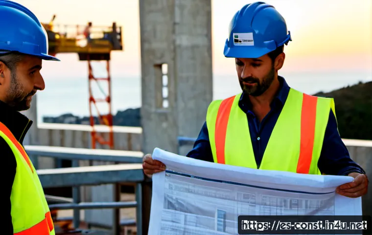 Home 17 건설 현장에서의 리더십 사례 - Photorealistic construction site leadership scene in Spain, experienced site supervisor wearing a cl...