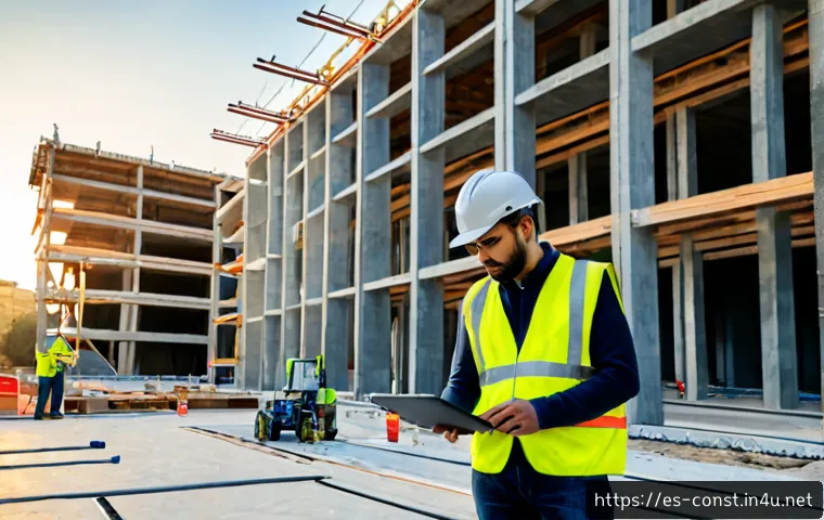 건축 시공과 AI 기술 접목 사례 - Photorealistic construction site in a modern Spanish city, a civil engineer wearing a hard hat and h...