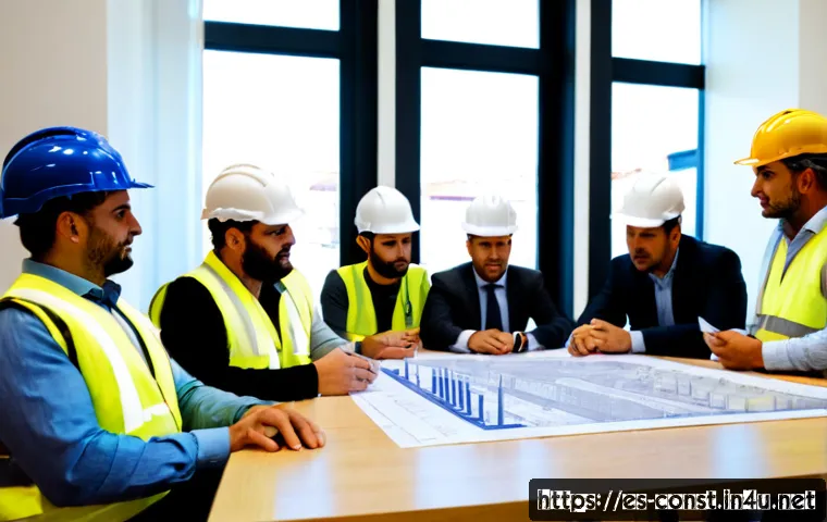 건축 시공 관련 협회 및 모임 소개 - Photorealistic construction industry association meeting in a modern Spanish city conference room, d...